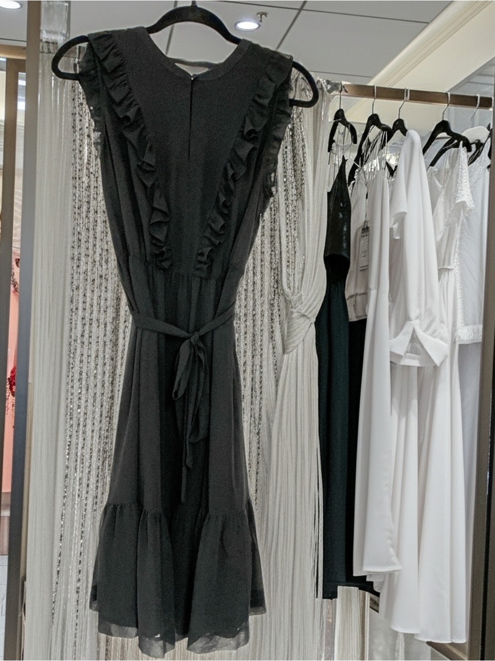 Boden Black Ruffle Midi Dress Sleeveless Tie Waist Sheer Hem Size 8P
